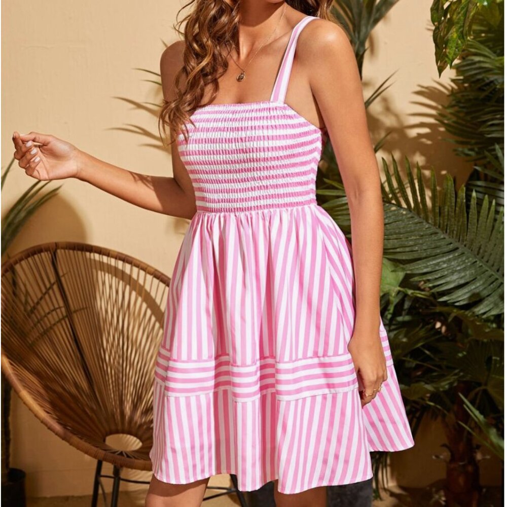 NWOT Pink and White Striped Preppy Smocked Sundress XL